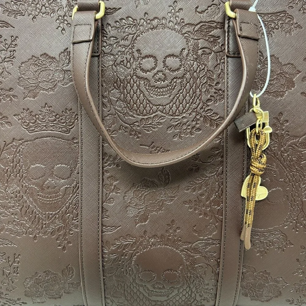 Betsey Johnson Brown Embossed Skull Tote Bag Gold Accents & Detachable Strap - Picture 6 of 12